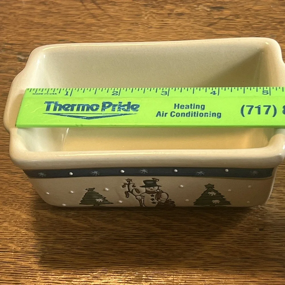 Today's Living Vintage Christmas Snowman Ceramic Mini Loaf Pan Tan Blue Holiday